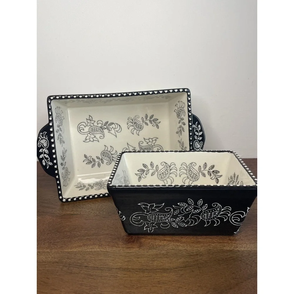 2 PC Baum Stoneware Casserole Baking Dish Black White Floral Paisley